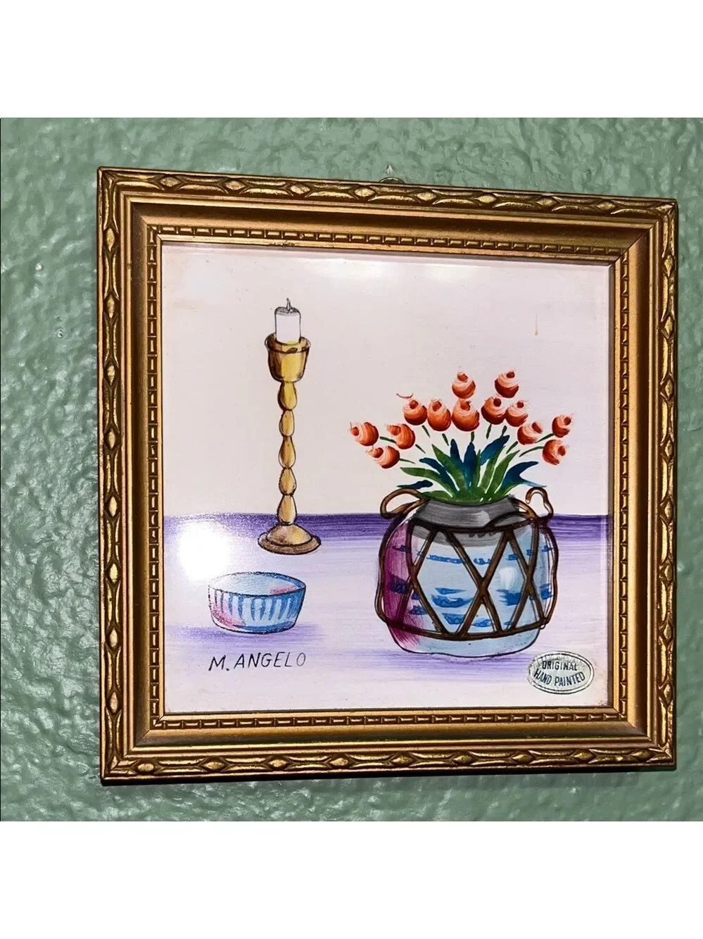 Vintage M Angelo Hand Painted Framed Tile Set Of 2 Japan